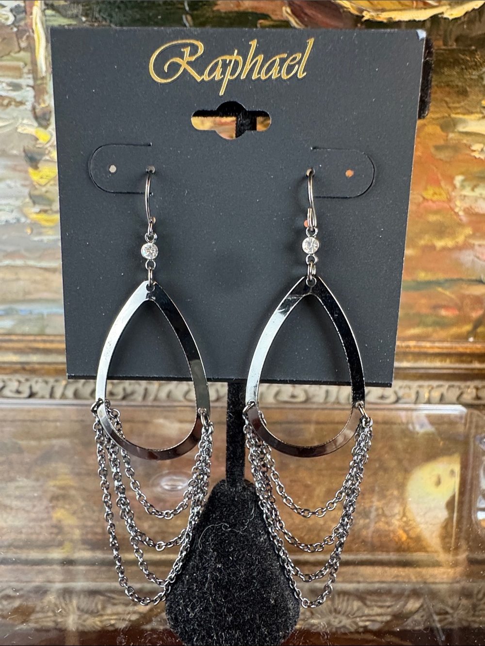 0497-Rapha Gunmetal Teardrop Chain Fringe Earrings